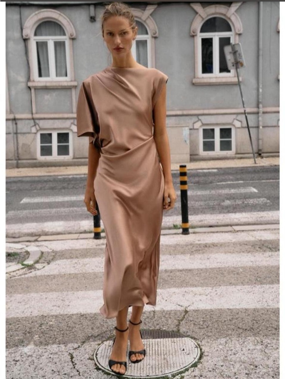 Zara Asymmetrical Satin Midi Dress in Blush Taupe